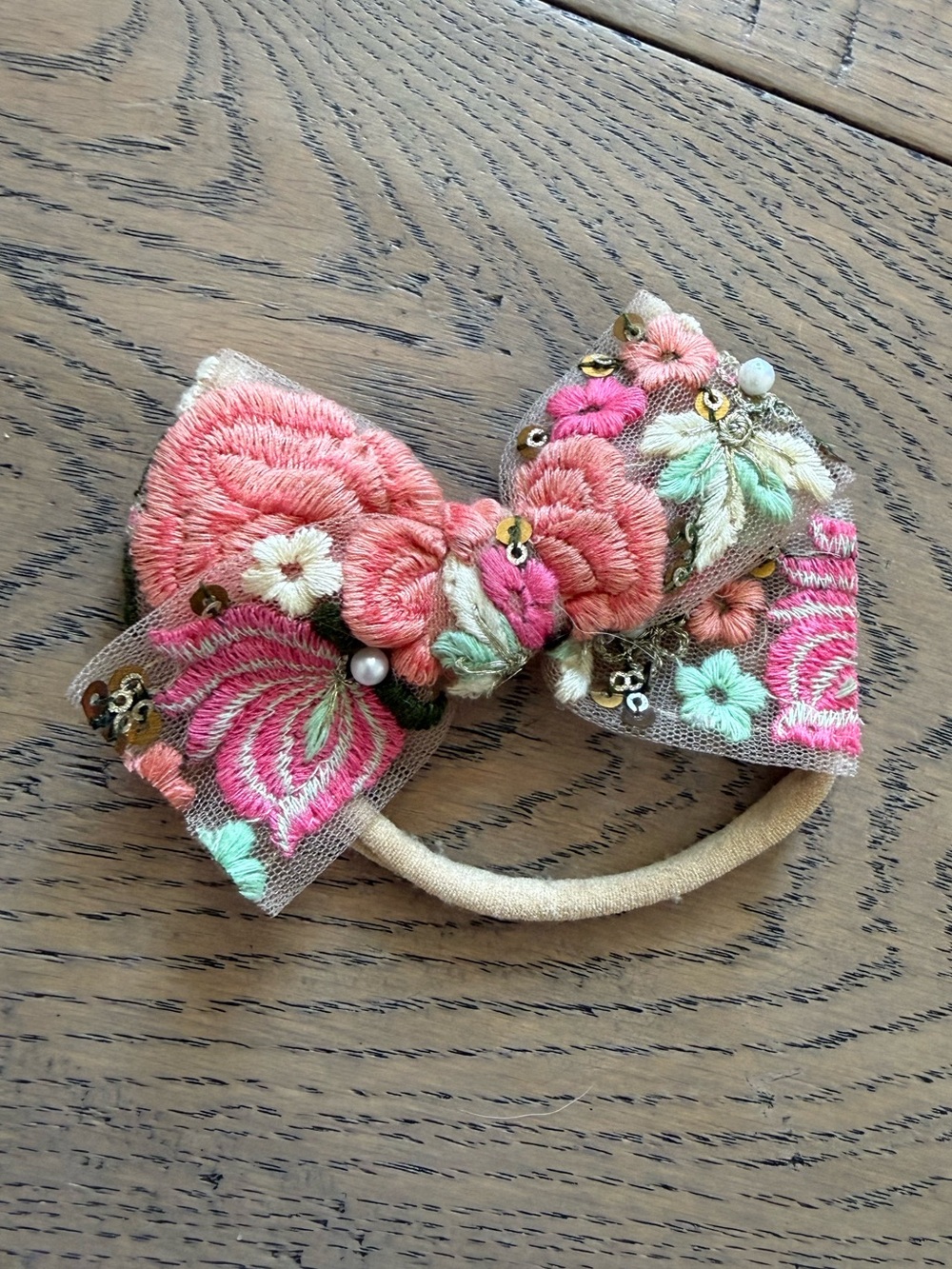 Baby Floral Embroidered Bow Headband Pink Green Gold
